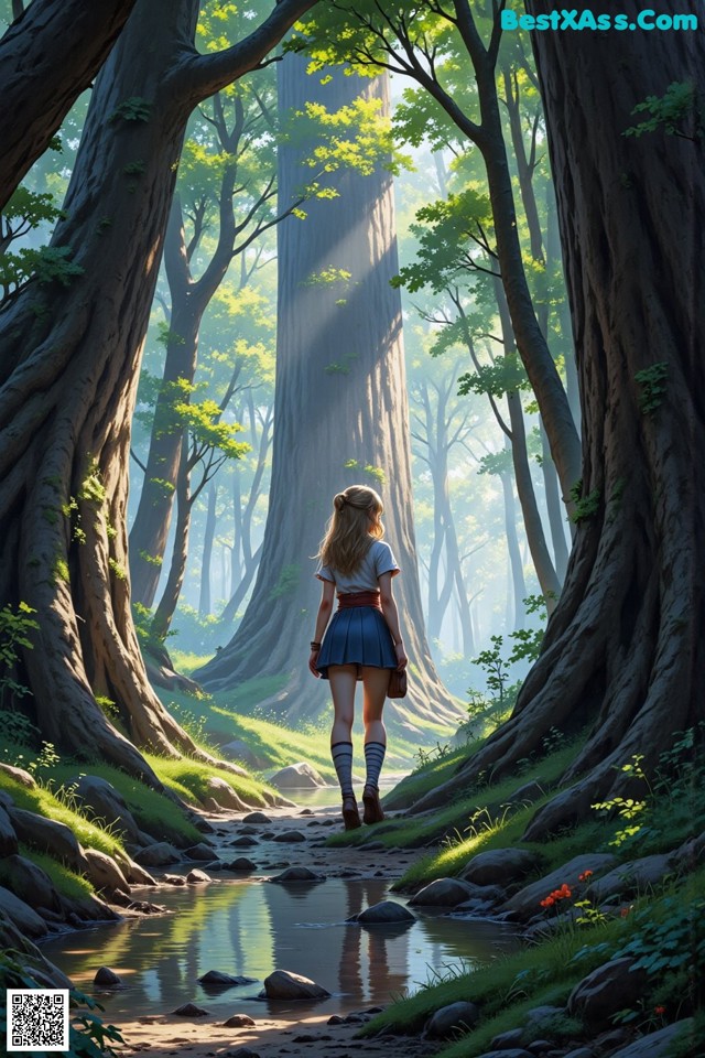 A girl walking through a forest next to a stream.