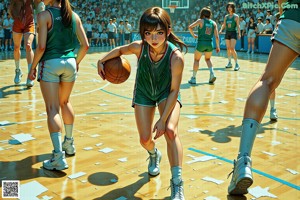 A woman in a Lakers uniform dribbling a basketball on a court.