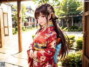 A woman in a kimono sitting on a bed.