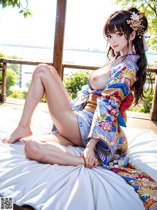 A woman in a kimono sitting on a bed.