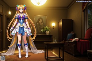 Anime girl with long blonde hair wearing a purple outfit.