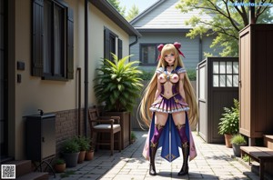 A woman in a sailor outfit standing in front of a door.