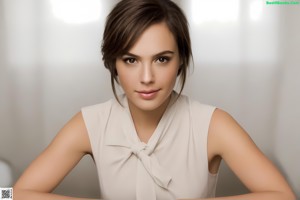 A beautiful young woman sitting on a bed with her legs crossed.