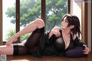 A naked anime girl sitting on a green couch.