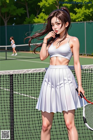 A woman sitting on a tennis court holding a tennis racket.