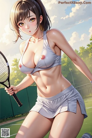 A woman in a white dress holding a tennis racket.