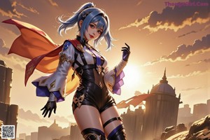 A woman with long blue hair is posing naked in a city.