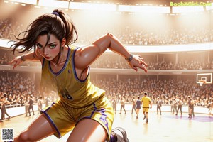 A woman in a blue and yellow uniform holding a basketball.