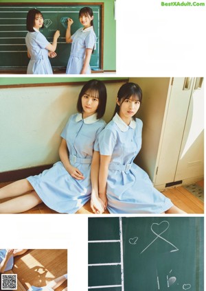 A couple of young women standing next to each other in front of bookshelves.