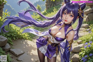 A woman in a purple dress with long purple hair.