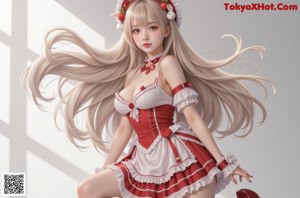 a woman in a red and white dress is posing for a picture