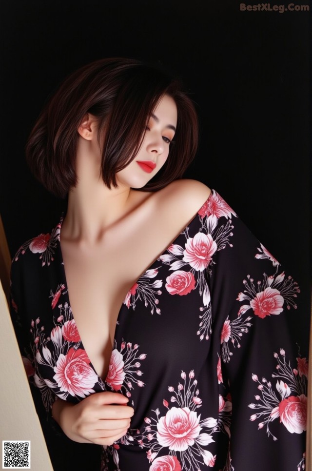 A woman in a black and red floral dress posing for a picture.