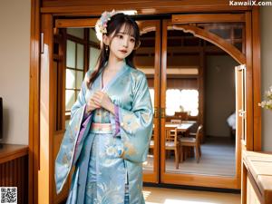 A woman in a purple and white hanbok posing for a picture.