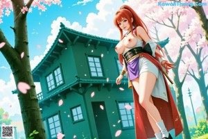 A woman in traditional attire holds a sword, surrounded by cherry blossoms.