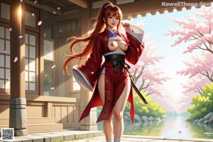 A woman in traditional attire holds a sword, surrounded by cherry blossoms.