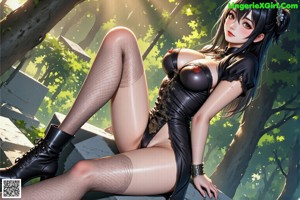 A woman in lingerie holding a red object outdoors with greenery.