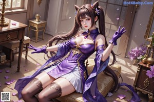 A woman in a purple dress and purple gloves posing for a picture.