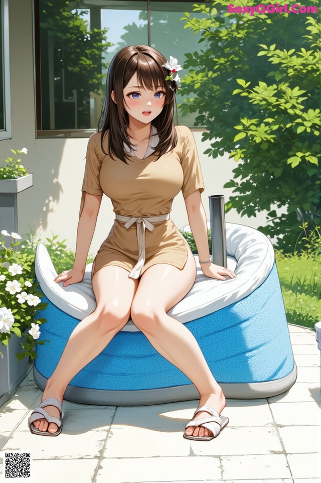 A woman sitting on top of an inflatable hot tub.