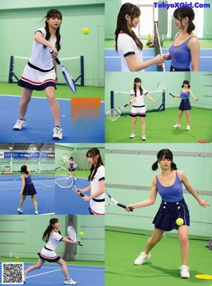 A couple of young women standing next to each other on a tennis court.