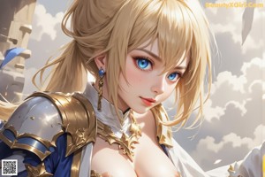 A woman in armor holding a sword in a city.