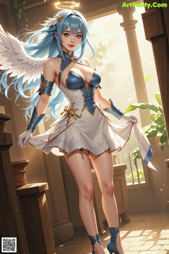 Hentai - Captivating Grace of the Cosmic Maiden Set.1 20250124 Part 3 No.b2fb64 A woman in a white dress with blue hair and angel wings.