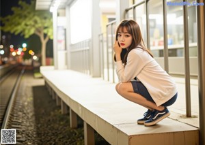 A woman standing in front of a window wearing a striped shirt.