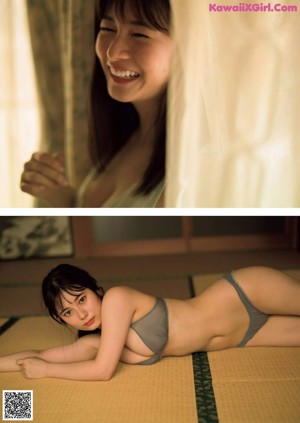 A woman in a bikini standing in front of a curtain.