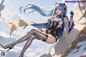 A woman with long blue hair wearing a white outfit.
