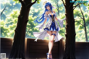 Anime girl with long blue hair sitting in the woods.