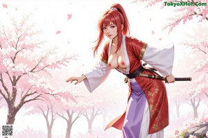 A woman in traditional attire holds a sword, standing outdoors with cherry blossoms and a building in the background.
