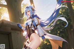 A woman with long blue hair standing on a rock in a forest.