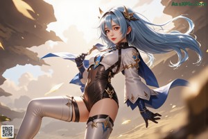 A woman with blue hair sitting on a chair.