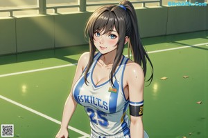 A woman in a pink and blue uniform holding a basketball.