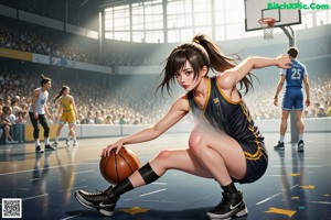 A woman in an orange uniform dribbling a basketball on a court.