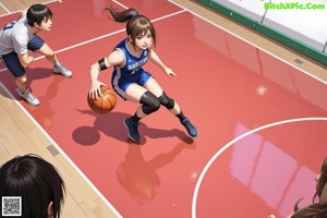 A woman sitting on a basketball court holding a basketball.