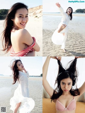 A woman in a white dress is posing on the beach.