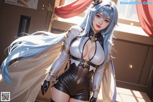 A woman with blue hair and a red cape is posing for a picture.