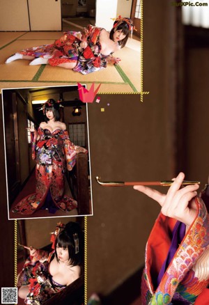 A woman in a black and gold kimono sitting on the floor.