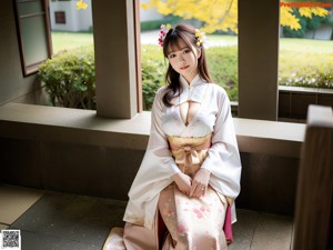 A woman in a black and yellow kimono posing for a picture.