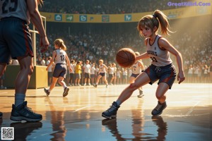 A girl in a basketball uniform dribbling a basketball on a court.