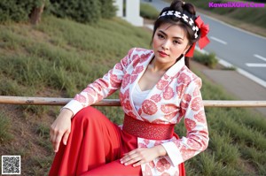 A woman in a red and blue kimono sitting on the ground.