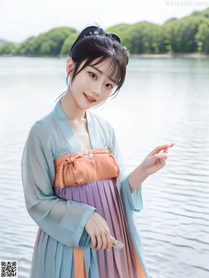 A woman in a pink and blue dress posing for a picture.