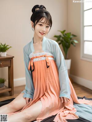 A woman in a blue and pink dress sitting on a bed.