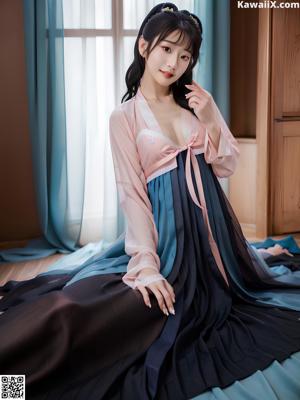 A woman in a blue and white hanbok sitting on a bed.